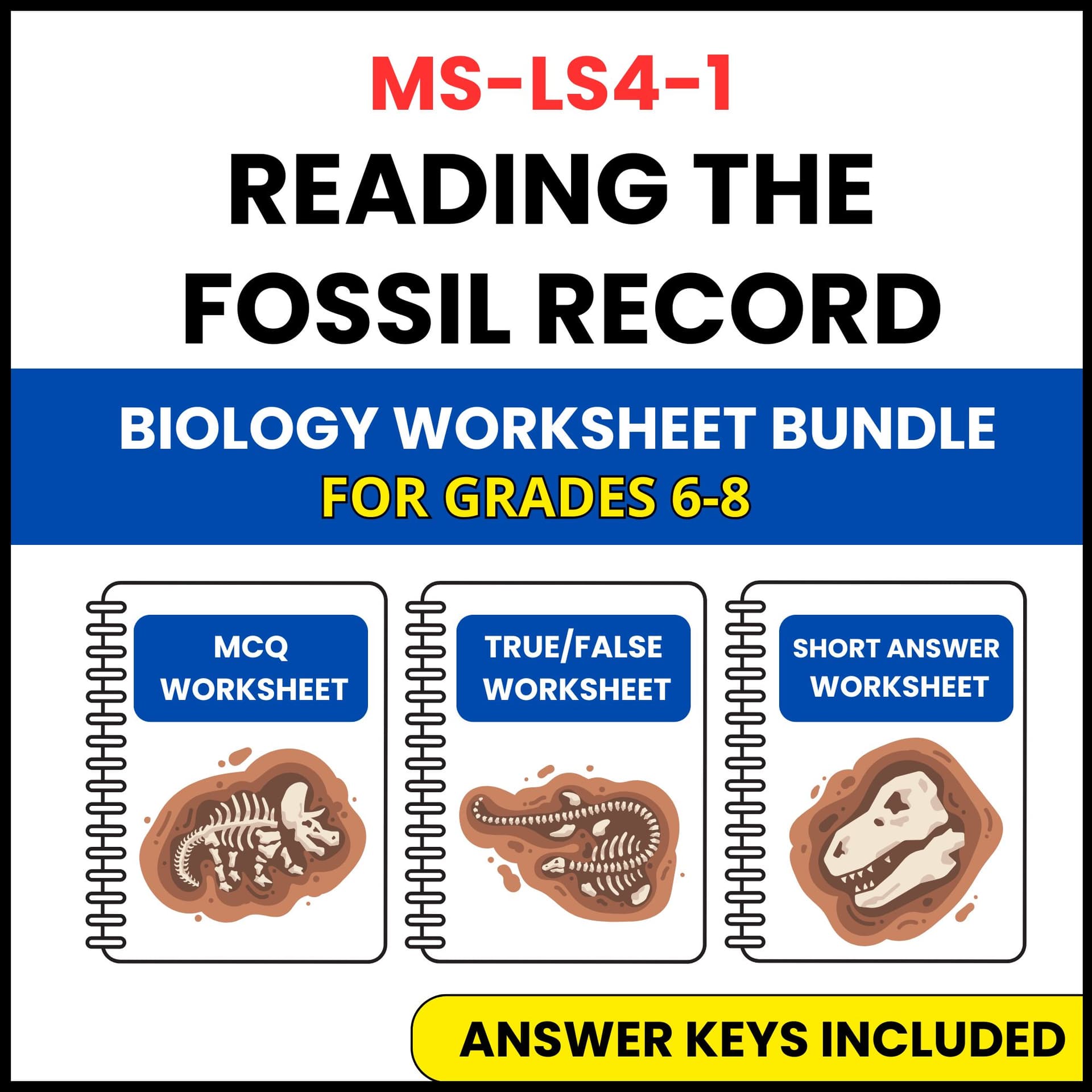 MS NGSS Biology | Reading the Fossil Record | 3 Worksheets | Grade 6-8