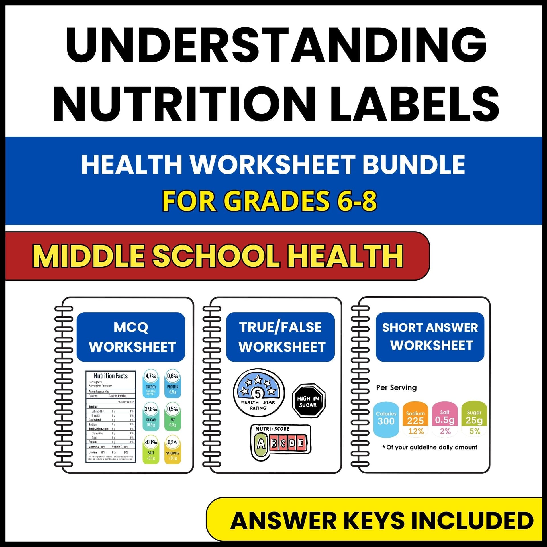 MS Health | Understanding Nutrition Labels | 3 Worksheets | Grade 6-8 MS Health | Understanding Nutrition Labels | 3 Worksheets | Grade 6-8 — printable worksheet preview
