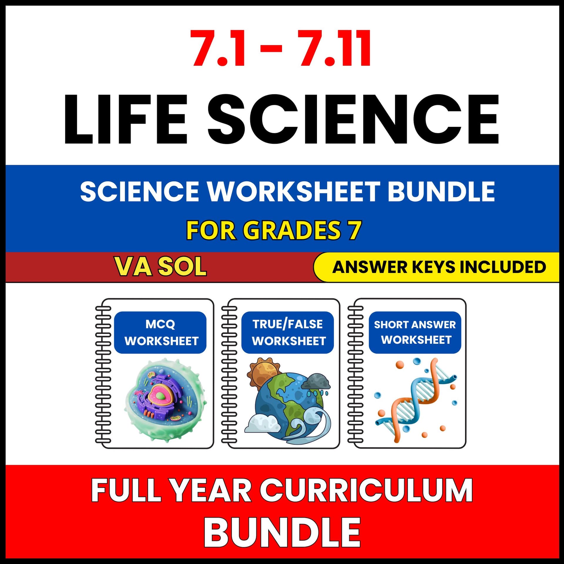 VA SOL Life Science | Full Year Curriculum | 495 Worksheets BUNDLE | Grade 7