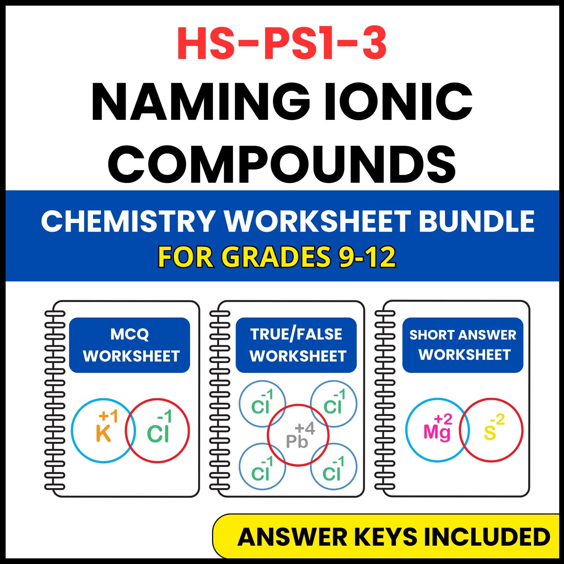 HS NGSS Chemistry | Naming Ionic Compounds | 3 Worksheets | Grade 9-12 HS NGSS Chemistry | Naming Ionic Compounds | 3 Worksheets | Grade 9-12 — printable worksheet preview
