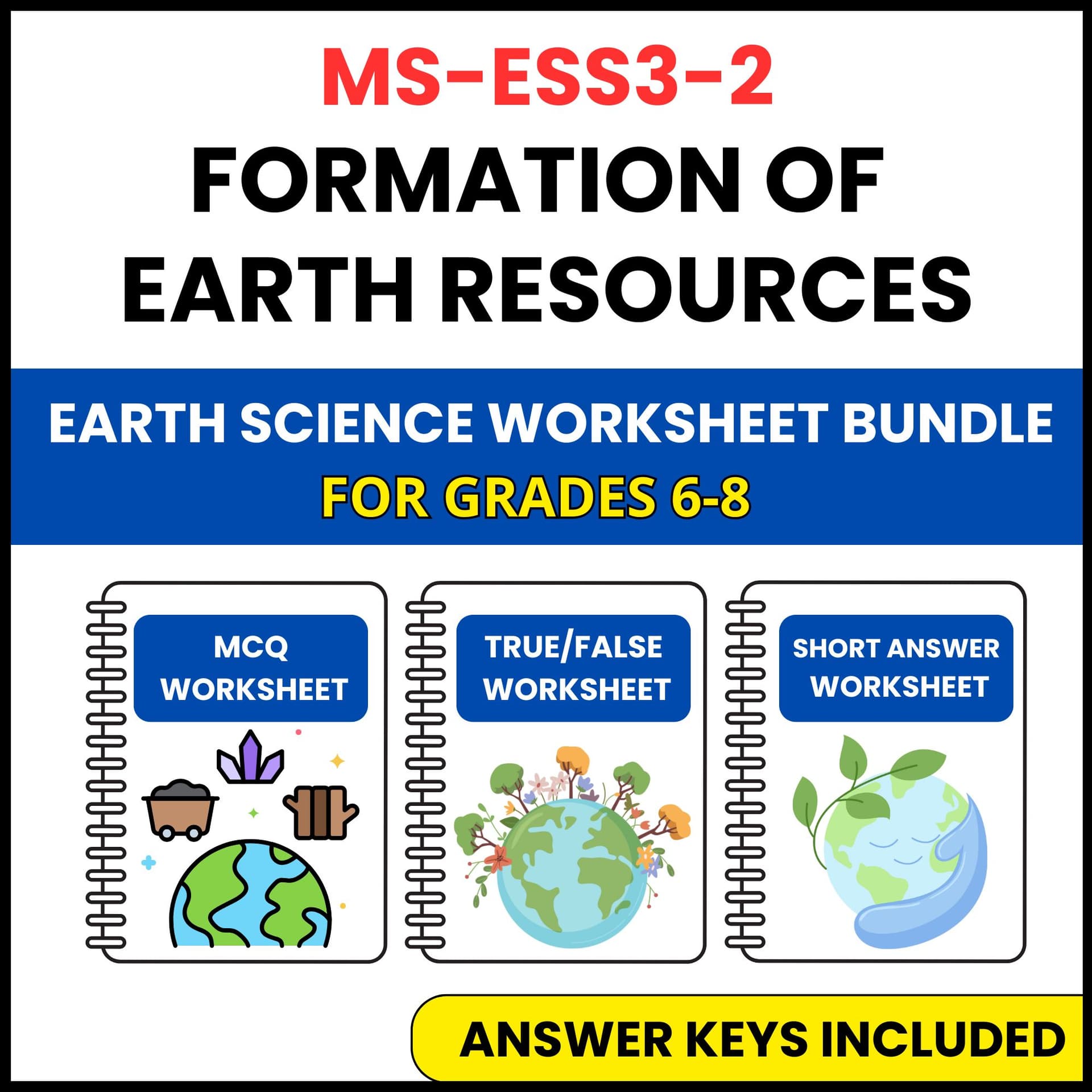 MS NGSS Earth Science | Formation of Earth Resources | 3 Worksheets | Grade 6-8